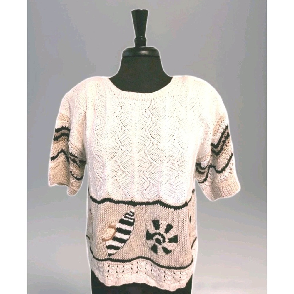 Tony Lambert Vtg 1980s Sweater Nautical‎ Shells Women's Small Medium Cream Black